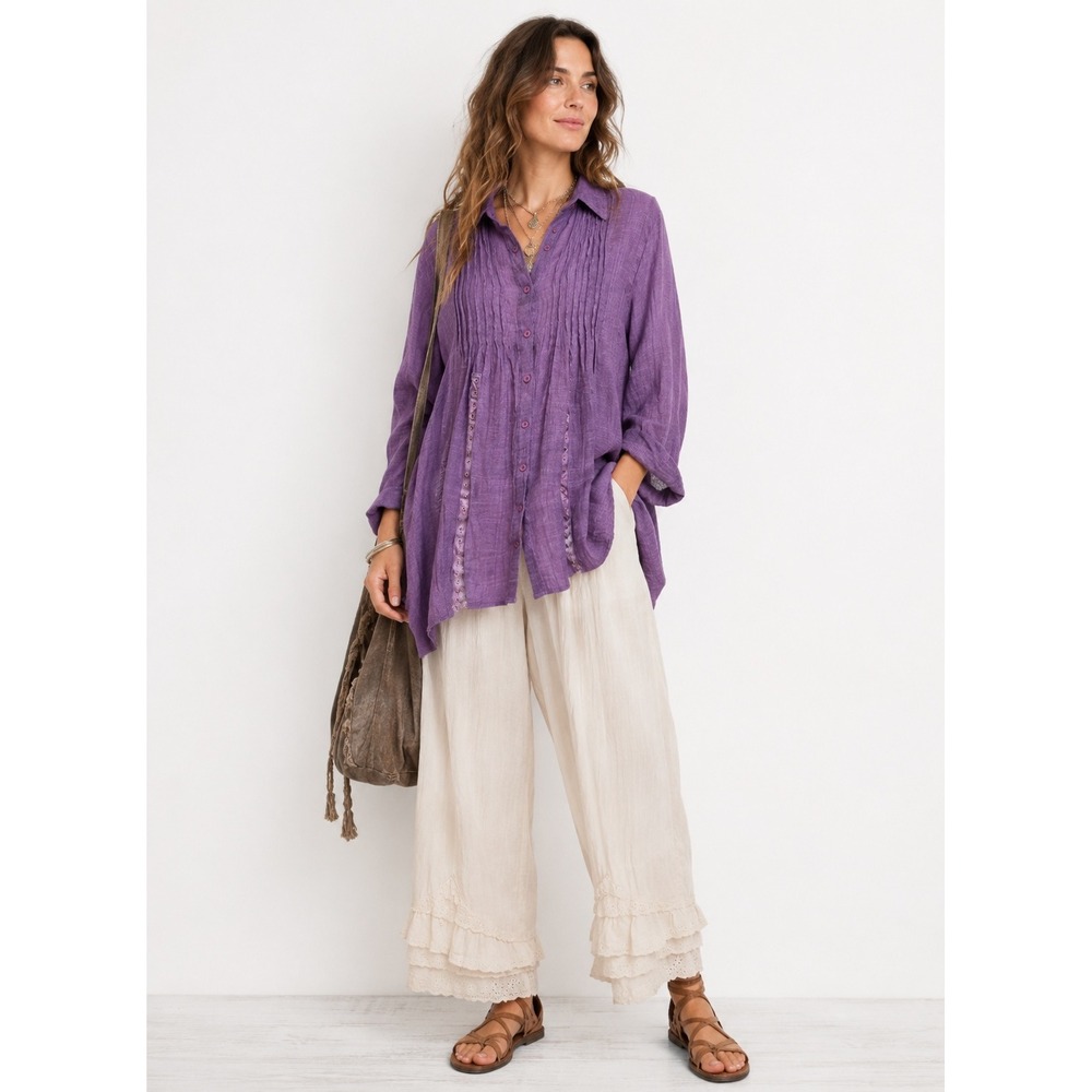 Love is all Purple Roll Tab Sleeve Button Down Tunic Blouse Lagenlook Boho